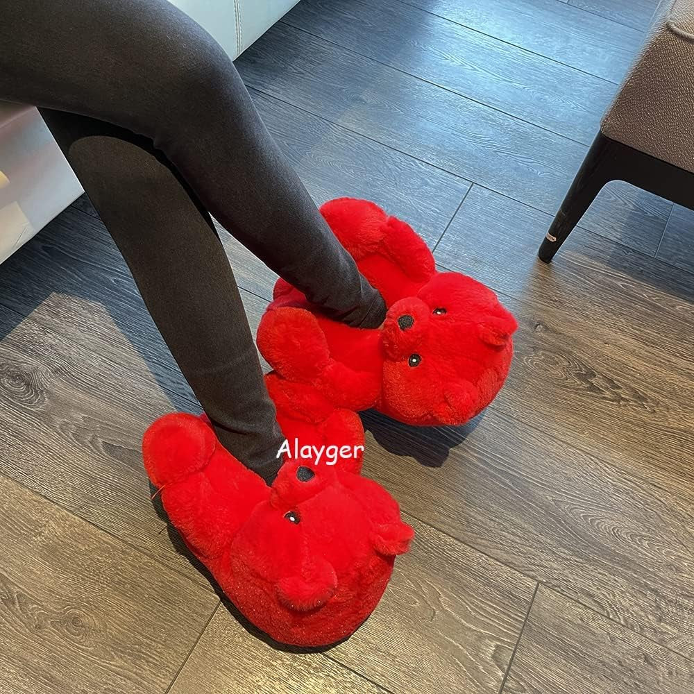 Alayger Women'S Plush Teddy Bear Slippers Home Indoor Soft Anti-Slip Cute Winter Warm Floor Shoes Slippers Cartoon